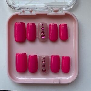 Pink Press-On Nails with Rhinestones- Hand Painted